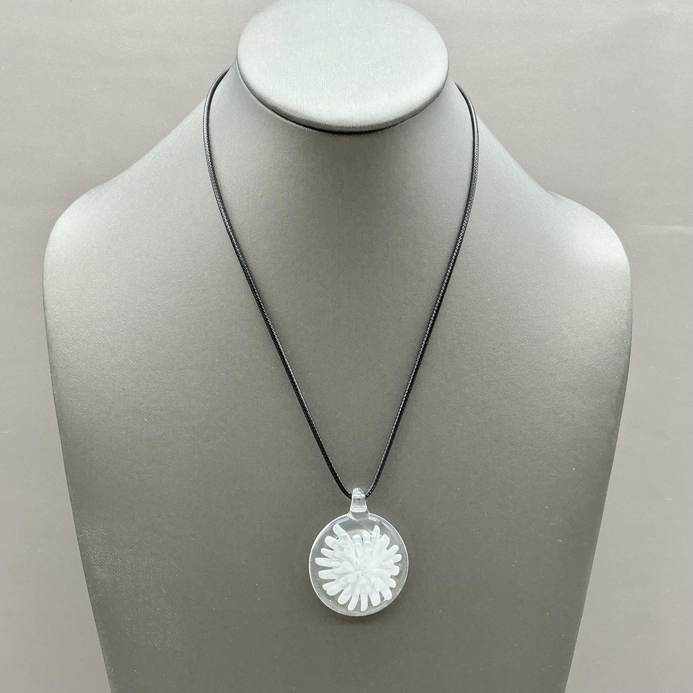 Necklace Round Glass Flower Pendant White Daisy Black Cord Womens Art Jewelry